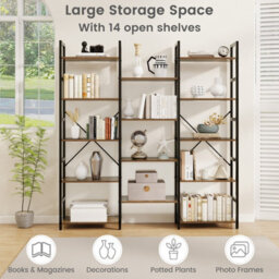 Costway 172Cm Tall Industrial Bookshelf Triple Metal Frame Bookcase W/ 14 Open Shelves Brown - thumbnail 7