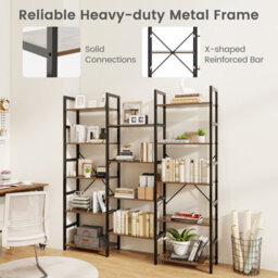 Costway 172Cm Tall Industrial Bookshelf Triple Metal Frame Bookcase W/ 14 Open Shelves Brown - thumbnail 6