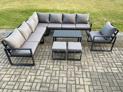 Fimous Aluminium Outdoor Garden Furniture Set Lounge Corner Sofa Chair Oblong Coffee Table Sets With 2 Small Footstools