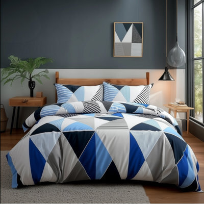 Duvet Cover And Pillowcase Set Multi Colour Triangle Design Polycotton Bed Linen White - image 1