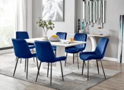 Furniturebox Imperia White High Gloss 6 Seater Dining Table With Structural 2 Plinth Column Legs 6 Navy Velvet Black Leg Pesaro Chairs