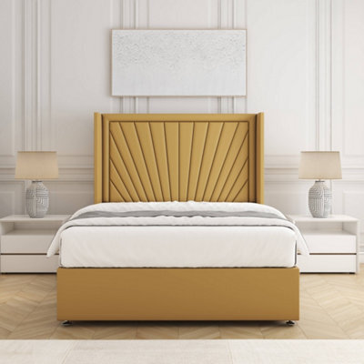 Bsspoke Alina Divan Bed Set Mustard Plush Velvet 54Inch Wingedback Panel Headboard & Mattress No Drawers In All Sizes - image 1