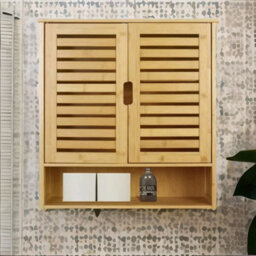 BMBO Wooden Bathroom Wall Storage Cabinet Organiser Natural Brown - thumbnail 4