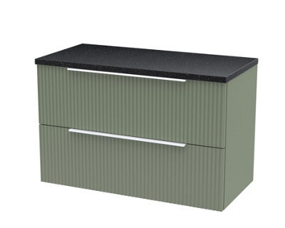 Hudson Reed Fluted Wall Hung 2-Drawer Vanity Unit & Black Laminate Worktop, Counter Top Vanity Unit In Satin Green, 800mm - image 1