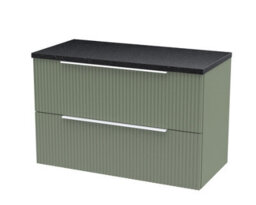 Hudson Reed Fluted Wall Hung 2-Drawer Vanity Unit & Black Laminate Worktop, Counter Top Vanity Unit In Satin Green, 800mm