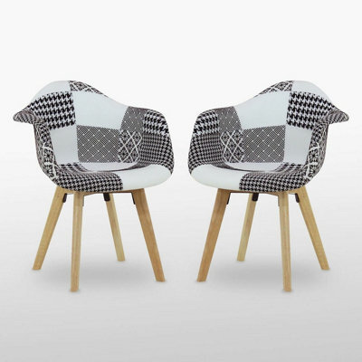 Life Interiors Set Of 2 Black/white Patchwork Fabric Dining Chairs With Wooden Legs, Modern Accent Chair - image 1