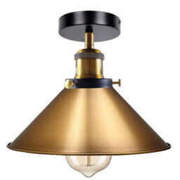 Vintage Semi Flush Mount Ceiling Light Yellow Brass 22Cm Metal Cone Pendant Lampshade Fixture With E27 Base For Indoor