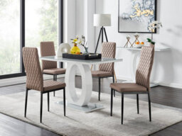 Furniturebox Giovani Rectangular 4 Seat White High Gloss Unique Halo Dining Table Grey Glass Top 4 Beige Faux Leather Black Leg Milan Chairs