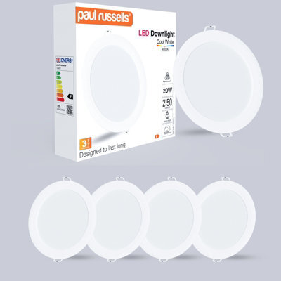 Paul Russells Led Round Panel Ceiling Lights, 20W 2150 Lumens, Spotlights, Ip20, 4000K Cool White, Pack Of 4 - image 1