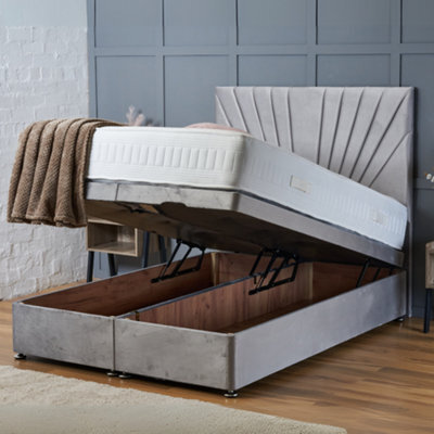 Bsspoke Silver Plush Velvet Bed Divan Ottoman Storage Bed 25Cm Orthopaedic Mattress & 138Cm Headboard In All Sizes - image 1