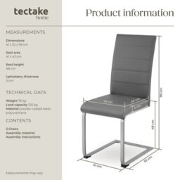 Tectake Set Of 2 Dining Chairs - Cantilevered, High Backrest, Flat Steel Frame  - Grey - thumbnail 6