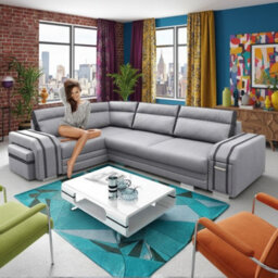 Avatar Corner Sofa Bed With Pouffe Cocktail Cabinet Foam Cushions Sinuous Springs Wood Frame 300X200Cm Light Grey And Grey Left - thumbnail 2