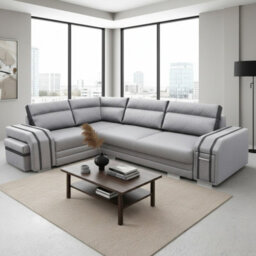 Avatar Corner Sofa Bed With Pouffe Cocktail Cabinet Foam Cushions Sinuous Springs Wood Frame 300X200Cm Light Grey And Grey Left - thumbnail 1