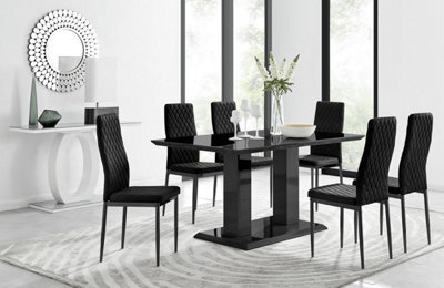 Furniturebox Uk Imperia 6 Black Dining Table And 6 Black Velvet Milan Black Leg Chairs - image 1
