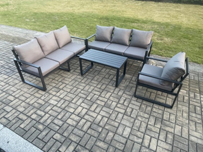 Fimous Aluminium 7 Seater Garden Furniture Outdoor Patio Sofa Set With Rectangular Coffee Table Armchair Dark Grey - image 1