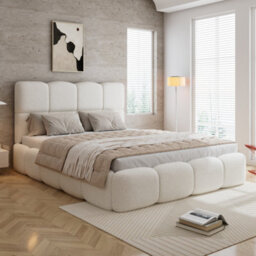 Btm Upholstered Hydraulic 4Ft6 Double Bed 135X190Cm, Soft Headboard, Boucle Beige - thumbnail 1