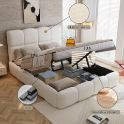 Btm Upholstered Hydraulic 4Ft6 Double Bed 135X190Cm, Soft Headboard, Boucle Beige - thumbnail 7