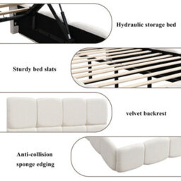 Btm Upholstered Hydraulic 4Ft6 Double Bed 135X190Cm, Soft Headboard, Boucle Beige - thumbnail 6