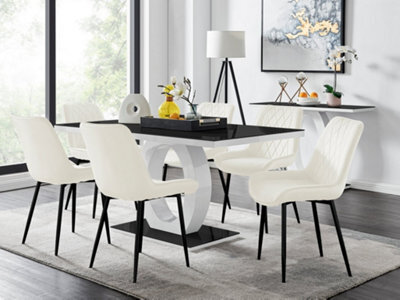Furniturebox Giovani Rectangular 6 Seat White High Gloss Unique Halo Base Dining Table Black Glass Top 6 Cream Velvet Black Leg Pesaro Chairs - image 1