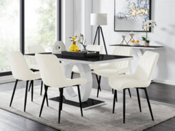 Furniturebox Giovani Rectangular 6 Seat White High Gloss Unique Halo Base Dining Table Black Glass Top 6 Cream Velvet Black Leg Pesaro Chairs - thumbnail 1