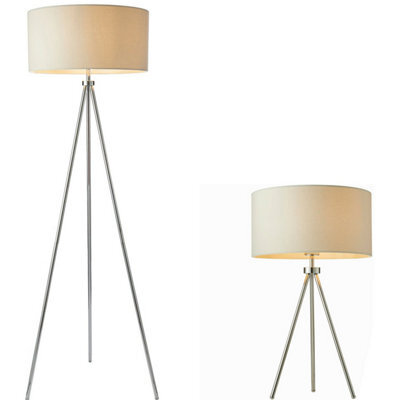 Standing Floor & Table Lamp Set Chrome Plate Ivory Shade Sleek Tripod Leg Light - image 1