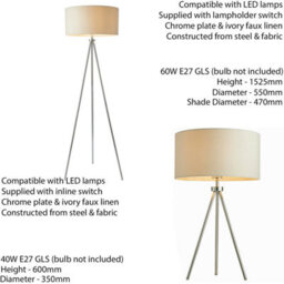 Standing Floor & Table Lamp Set Chrome Plate Ivory Shade Sleek Tripod Leg Light - thumbnail 2