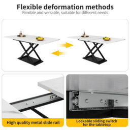 Btm Telescopic Dining Table 120-160X80Cm Extendable Space Saving Kitchen Table Black Iron Legs White Marble Kitchen Living Room - thumbnail 7