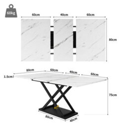 Btm Telescopic Dining Table 120-160X80Cm Extendable Space Saving Kitchen Table Black Iron Legs White Marble Kitchen Living Room - thumbnail 4