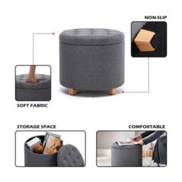 Hnnhome 45Cm Round Linen Padded Seat Ottoman Storage Stool Box, Footstool Pouffes Chair With Lids (Grey) - thumbnail 2