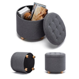 Hnnhome 45Cm Round Linen Padded Seat Ottoman Storage Stool Box, Footstool Pouffes Chair With Lids (Grey) - thumbnail 4