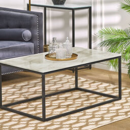 Wyld And Coco Beige Marble-Effect Coffee Table With Black Metal Legs 100 X 60 Cm Industrial Glam - thumbnail 2