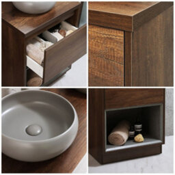 Homestylestore Dark Oak 600mm Bathroom Vanity Unit Round Pebble Countertop Basin Open Shelf - thumbnail 2