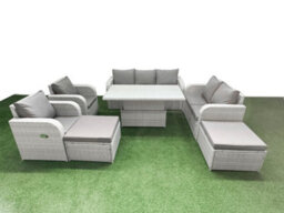 Fimous Pe Rattan Garden Furniture Set Reclining Chair Set Adjustable Lifting Dining Or Coffee Table 2 Big Footstool Light Grey - thumbnail 2