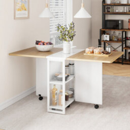 London Boutique Folding Table, Drop Leaf Dining Table With 6 Wheels And 2-Layer Storage Shelf, Space Saving Table For Small Spaces