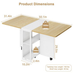 London Boutique Folding Table, Drop Leaf Dining Table With 6 Wheels And 2-Layer Storage Shelf, Space Saving Table For Small Spaces - thumbnail 2