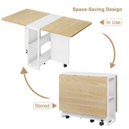 London Boutique Folding Table, Drop Leaf Dining Table With 6 Wheels And 2-Layer Storage Shelf, Space Saving Table For Small Spaces - thumbnail 3