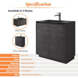 Plum&clay Matterhorn Dark Oak Floor Standing Bathroom Vanity Unit With Black Basin (W)750mm (H)850mm - thumbnail 4