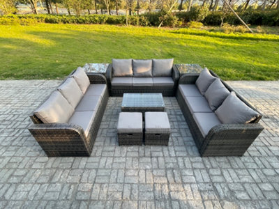 Fimous Rattan Lounge Sofa Set 11 Seater Outdoor Garden Furniture Set With Rectangular Coffee Table 3 Seater Sofa 2 Side Tables - image 1