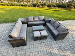 Fimous Rattan Lounge Sofa Set 11 Seater Outdoor Garden Furniture Set With Rectangular Coffee Table 3 Seater Sofa 2 Side Tables - thumbnail 2