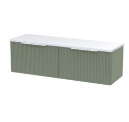 Hudson Reed Fluted Wall Hung 2-Drawer Vanity & Sparkling White Laminate Worktop, Counter Top Vanity Unit In Satin Green, 1200mm