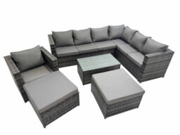 Fimous Patio Sofa Oblong Coffee Table Set Rattan Garden Furniture Set With 2 Big Stools Chair Dark Grey Mixed - thumbnail 1