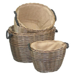 Red Hamper W039-041 Wicker Set 3 Oval Hessian Lined Log Baskets