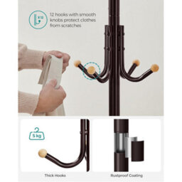 Songmics Metal Hall Stand With Hooks, Freestanding Coat Organizer For Jackets And Hats, Office Storage Tree, Brown - thumbnail 6