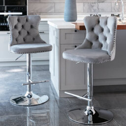 HomeTouch Vero Set Of 2 Velvet Upholstered Swivel Bar Stools With Chrome Base Breakfast Bar Chairs Counter Barstools Grey