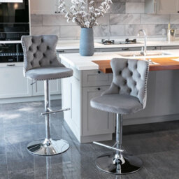 HomeTouch Vero Set Of 2 Velvet Upholstered Swivel Bar Stools With Chrome Base Breakfast Bar Chairs Counter Barstools Grey - thumbnail 3