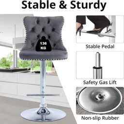 HomeTouch Vero Set Of 2 Velvet Upholstered Swivel Bar Stools With Chrome Base Breakfast Bar Chairs Counter Barstools Grey - thumbnail 9