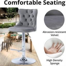 HomeTouch Vero Set Of 2 Velvet Upholstered Swivel Bar Stools With Chrome Base Breakfast Bar Chairs Counter Barstools Grey - thumbnail 6