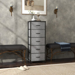 Homcom 5 Drawer Fabric Chest Of Drawers W/ Wooden Top, Dark Grey