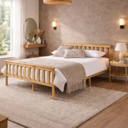 Aspire Langley Wooden Slatted Bed Frame, Shaker Style Bed In Natural Wood, Solid Wood Bedstead, Single To Super King