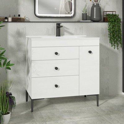 Royal Bathrooms Verona 800mm Gloss White Floor Standing Vanity Unit 3 Drawer & Side Pull Out Storage Ceramic Basin - Black Knob - image 1